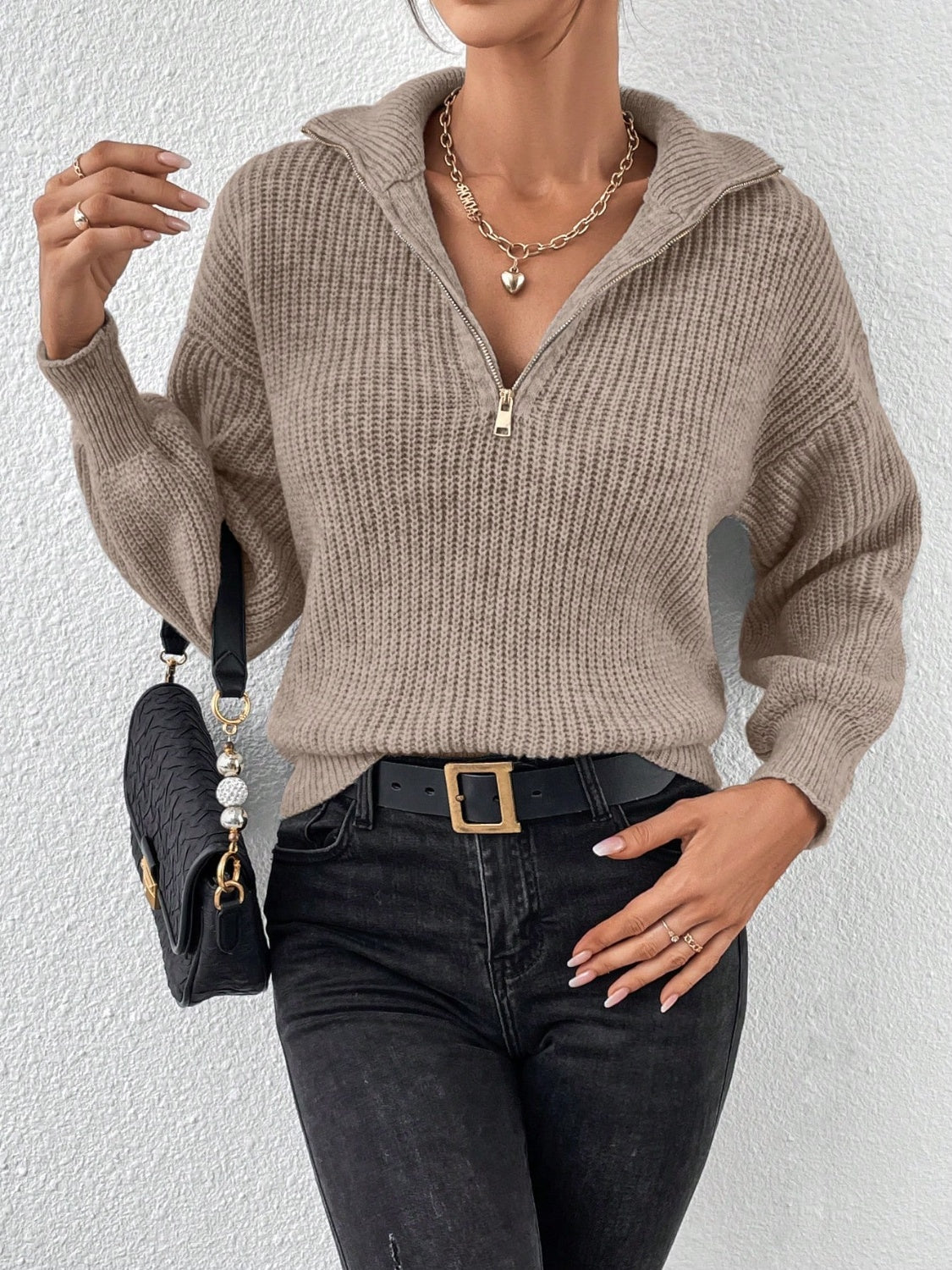 Womens Half Zip Dropped Shoulder Sweater