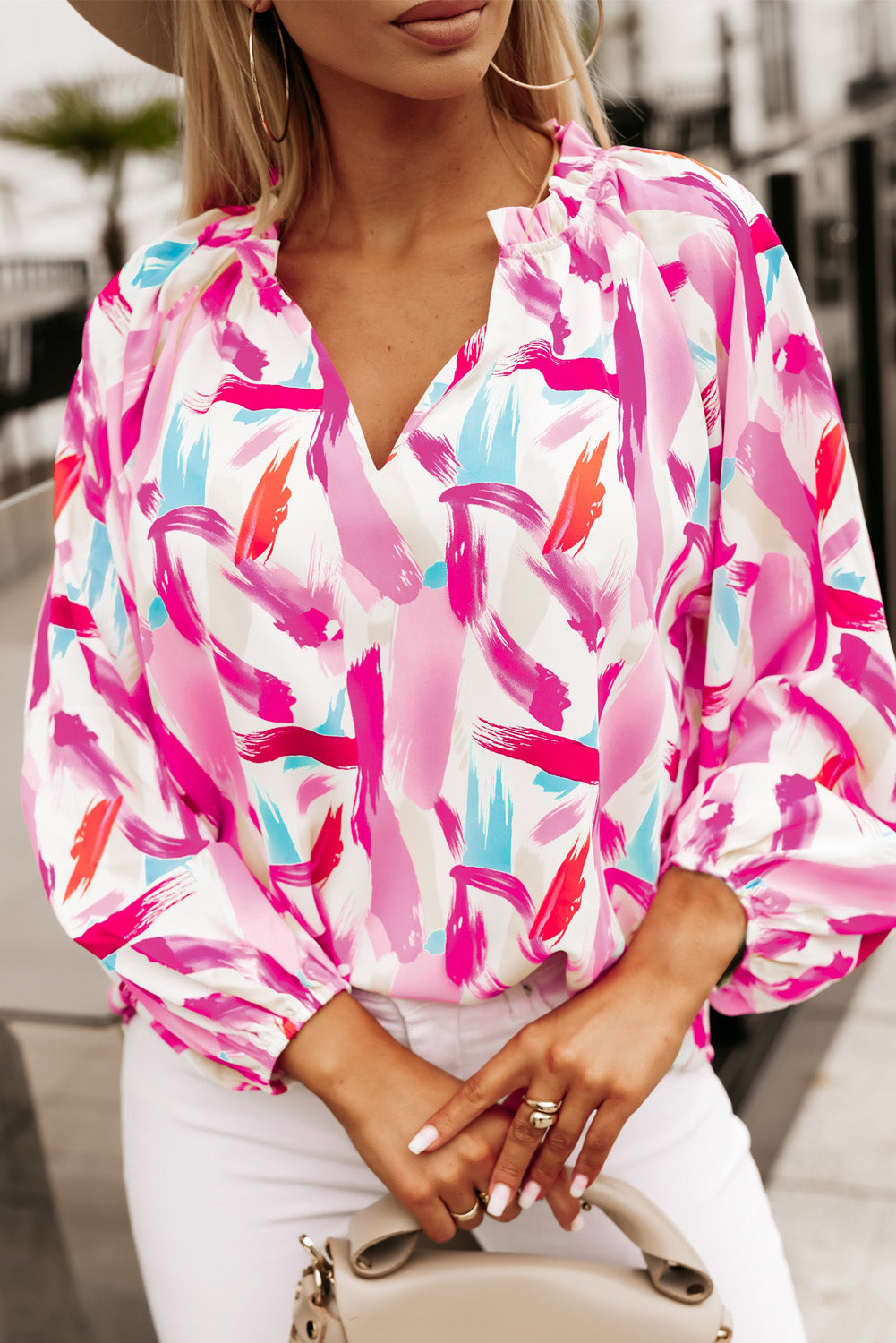 Womens Printed Pink V-Neck Balloon Sleeve Blouse
