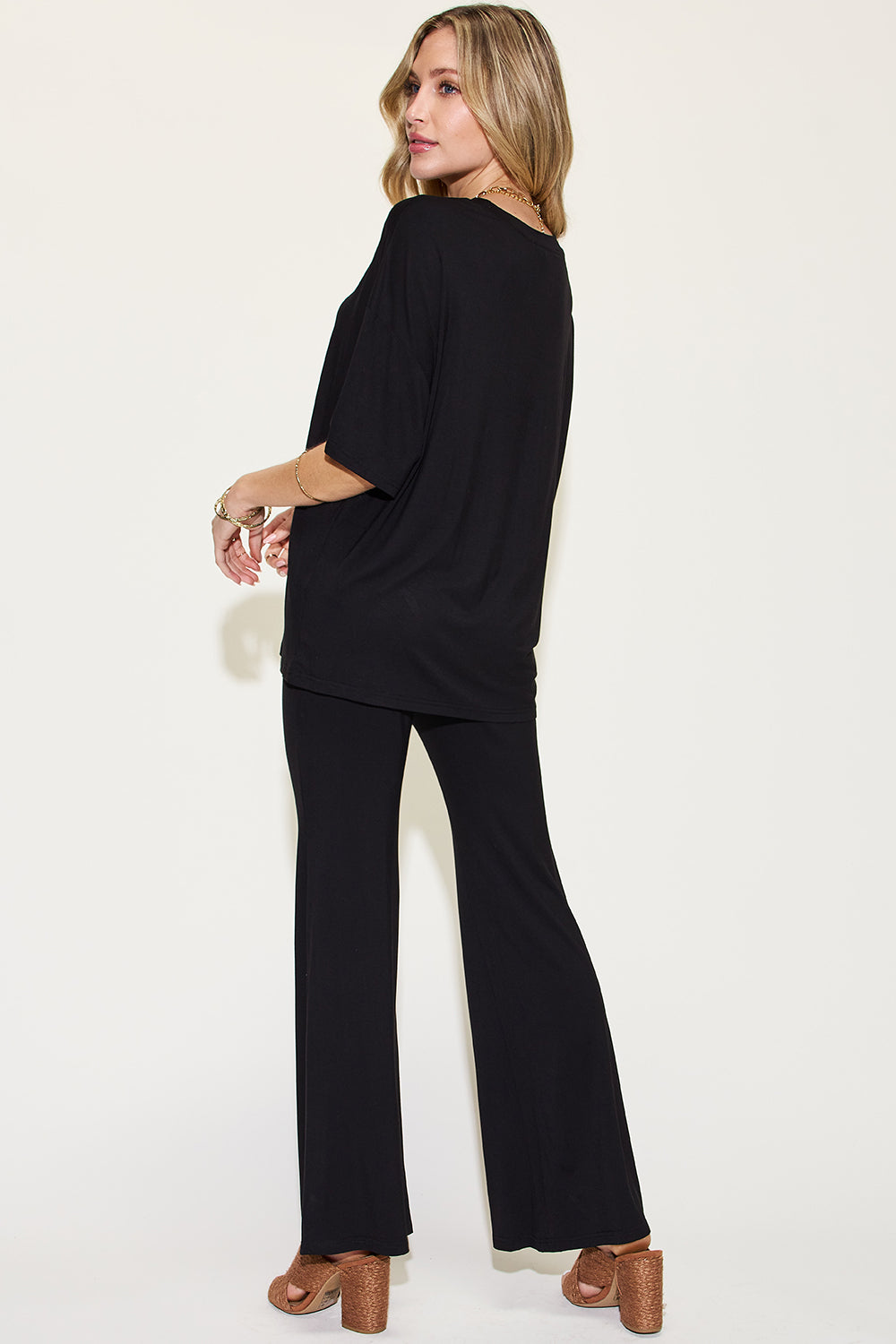 Womens Drop Shoulder T-Shirt and Flare Pants Set