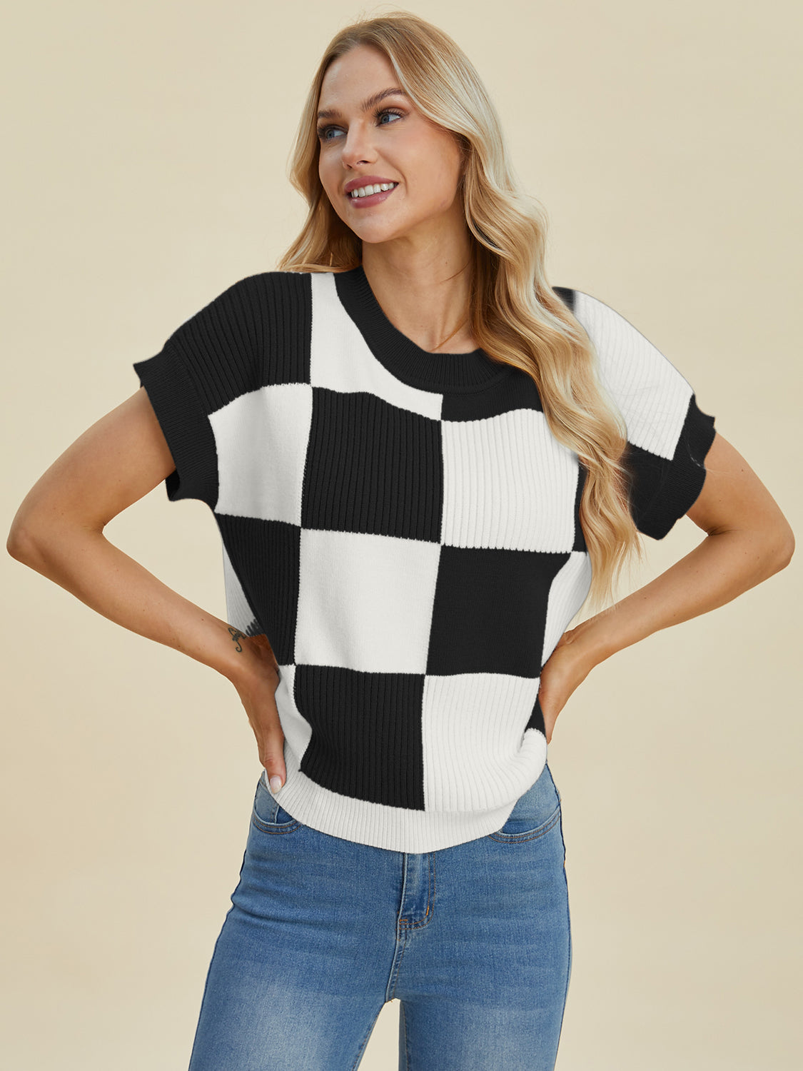 Womens Double Take Checkered Short Sleeve Sweater