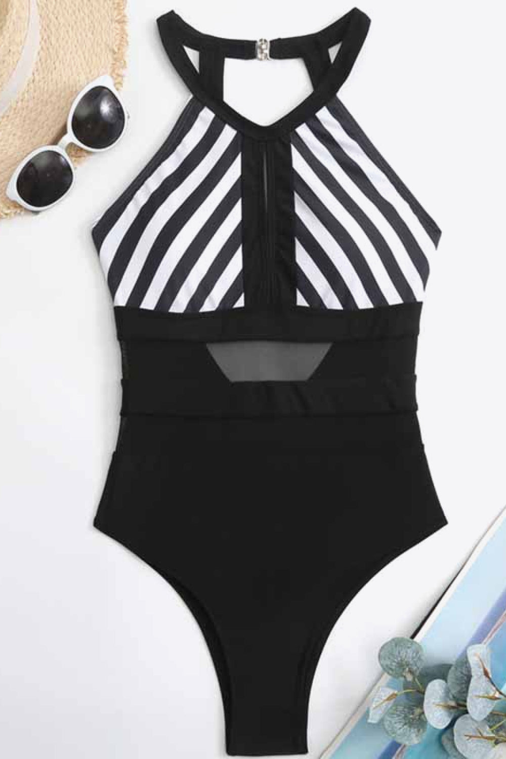Black and White Striped Backless One-Piece Swimsuit