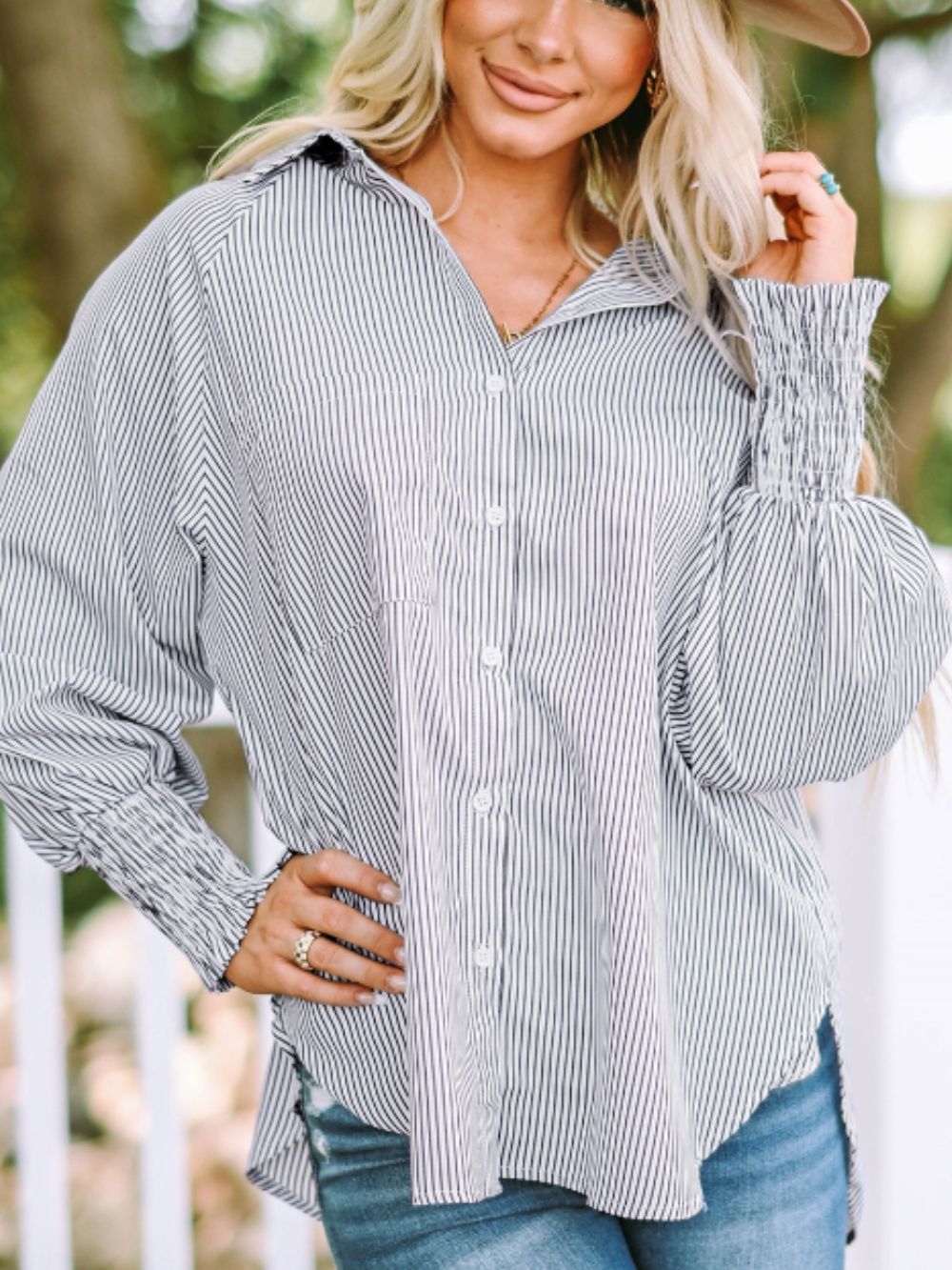 Womens Striped Collared Lantern Sleeve Shirt