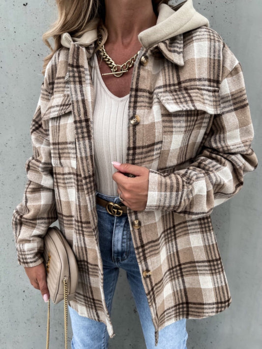 Hooded Plaid Dropped Shoulder Jacket