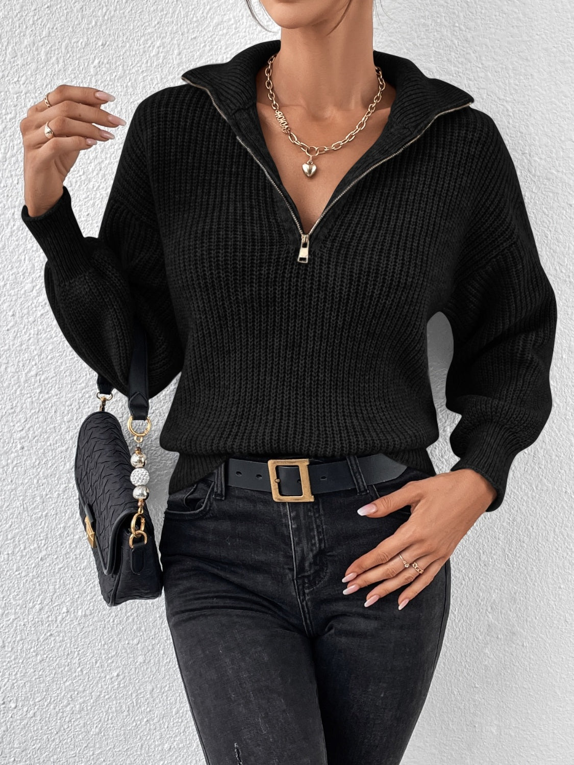 Womens Half Zip Dropped Shoulder Sweater