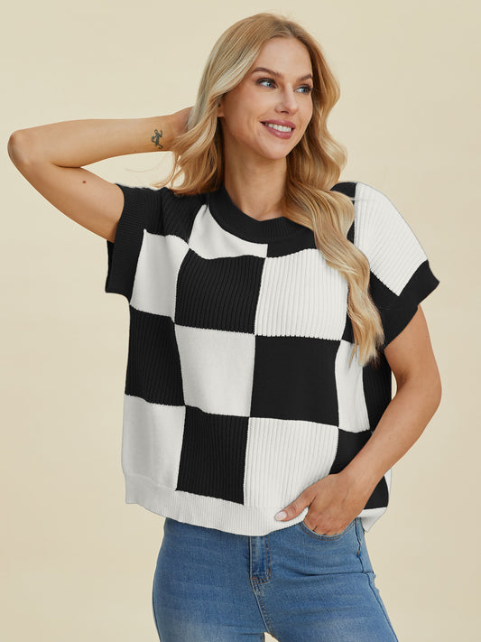 Womens Double Take Checkered Short Sleeve Sweater