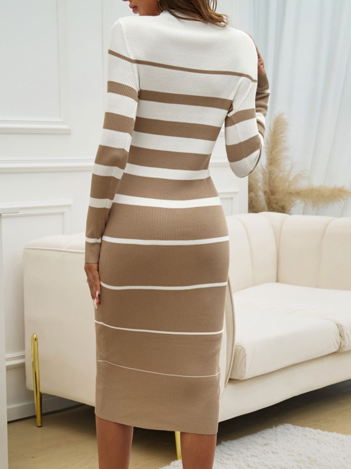 Womens Color Block Round Neck Long Sleeve Midi Dress