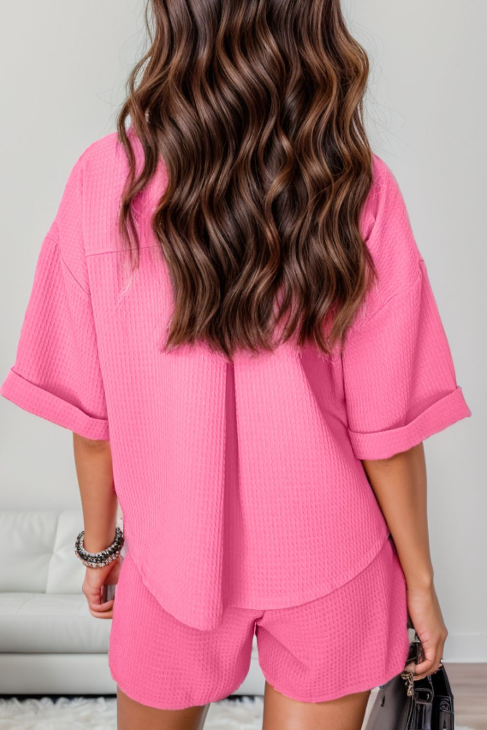 Women's Pink Waffle-Knit Pocketed Shirt and Shorts Set