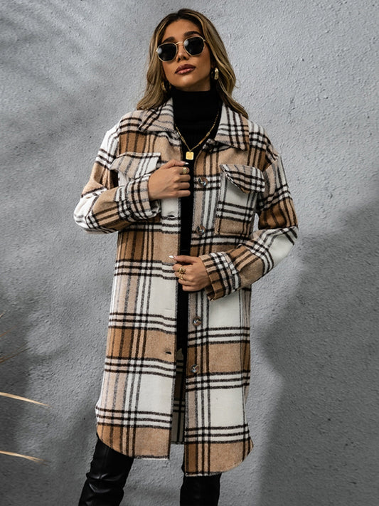 Womens Plaid Collared Long Coat