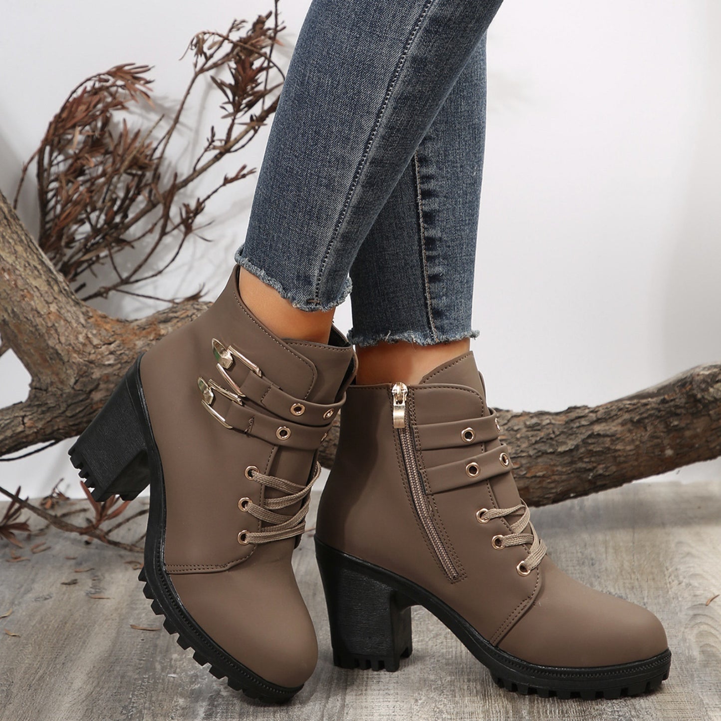 Womens Leather Block Heel Boots