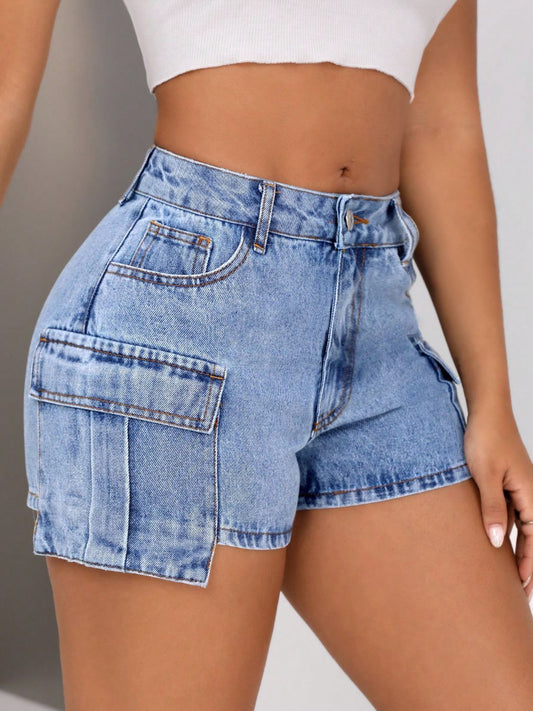 Womens Mid-Rise Waist Denim Shorts with Pockets