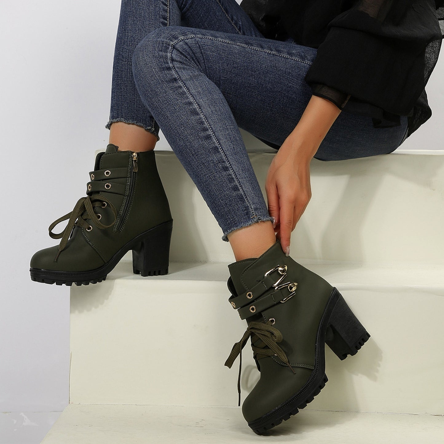 Womens Leather Block Heel Boots