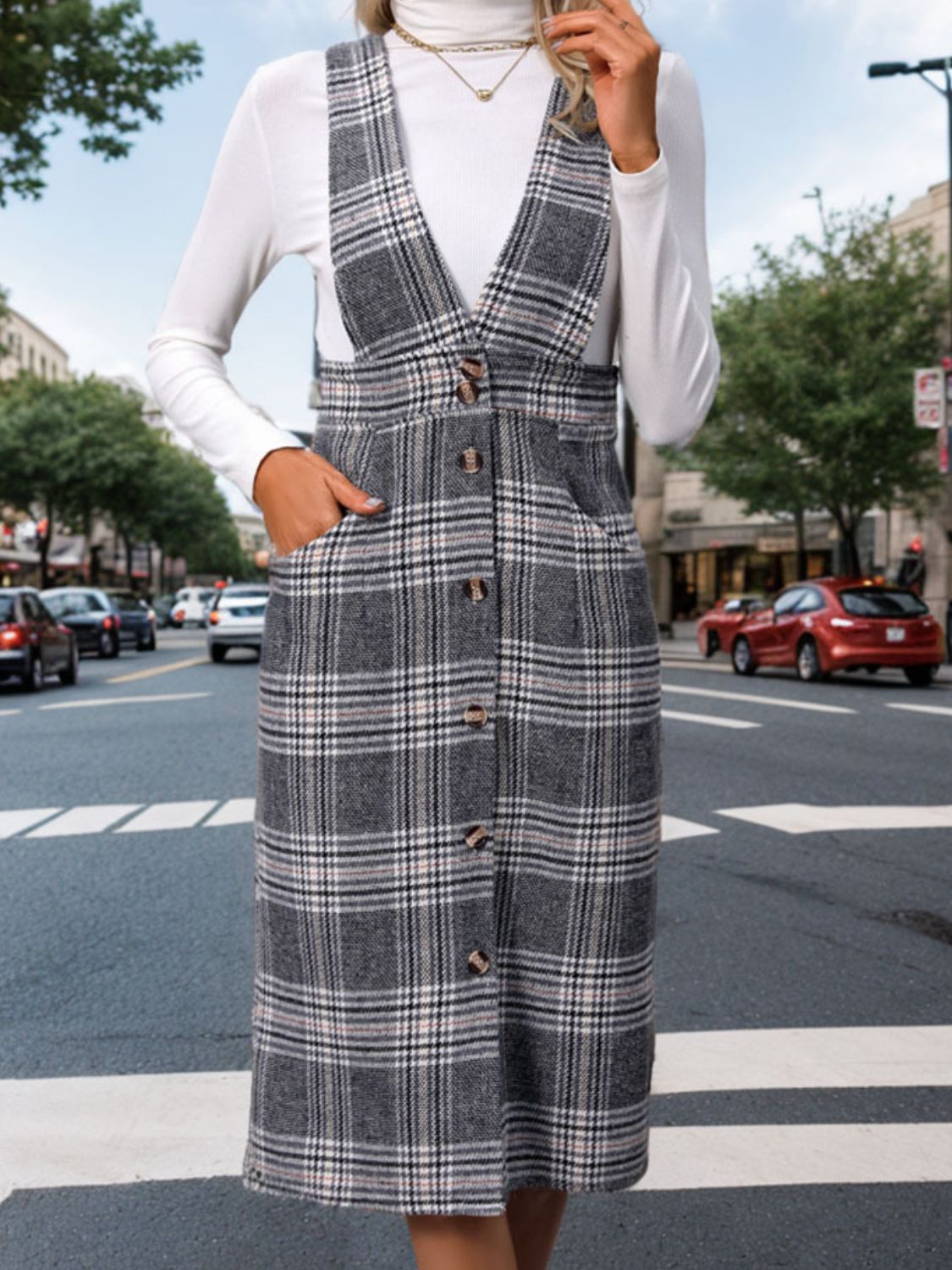 Womens Pocketed Plaid Overall Dress