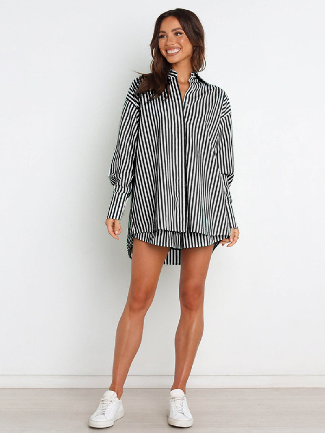 Womens Striped Dropped Shoulder Shirt and Shorts Set