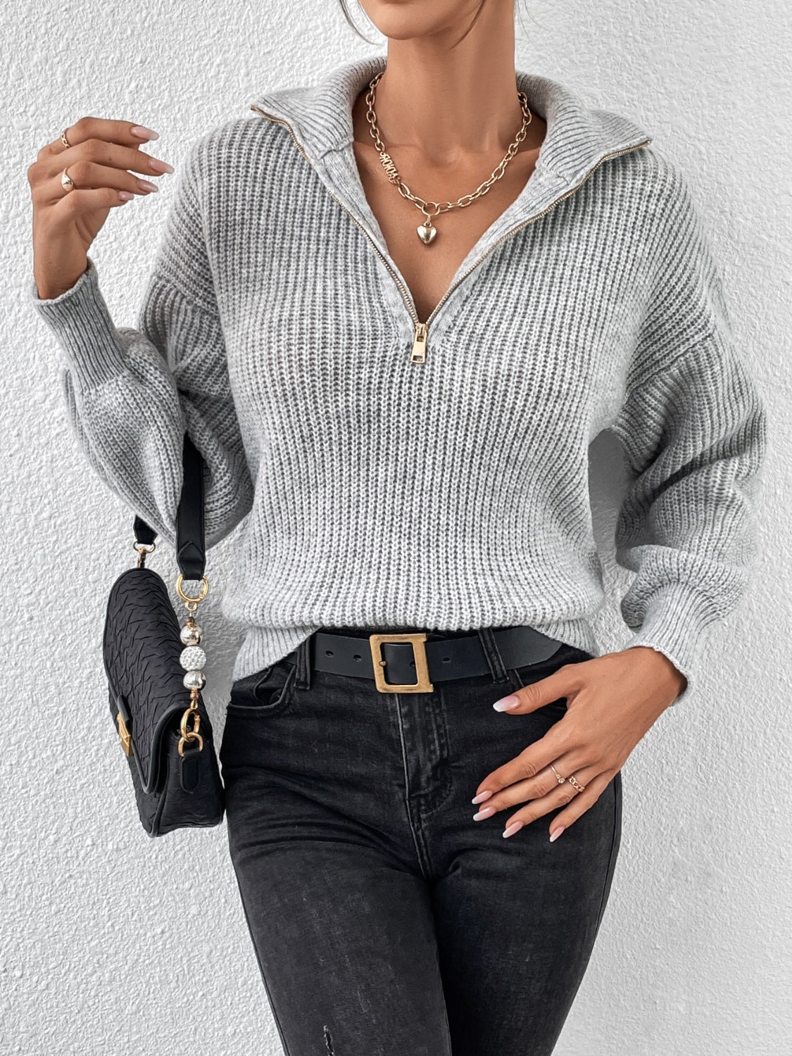 Womens Half Zip Dropped Shoulder Sweater