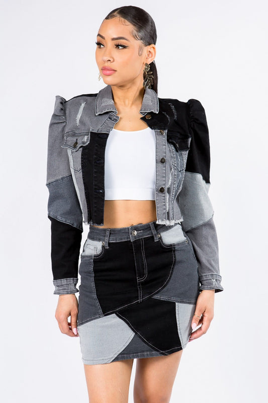 Womens Button Up Cropped Patchwork Denim Jacket