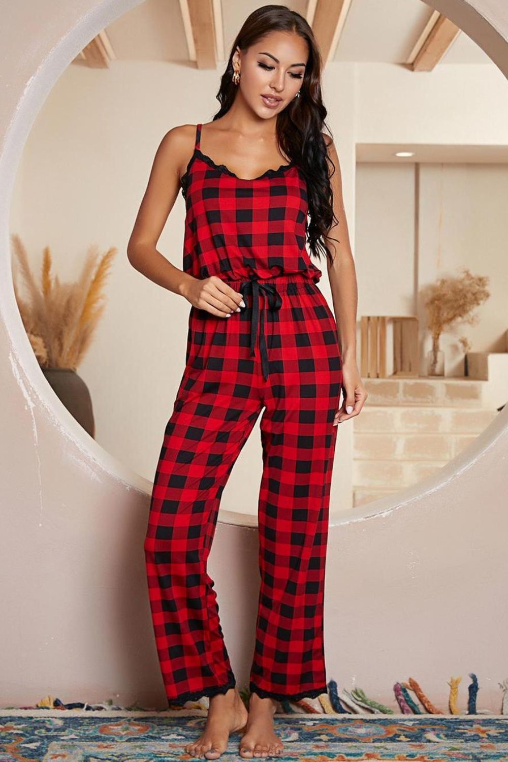 Women's Plaid Lace Jumpsuit