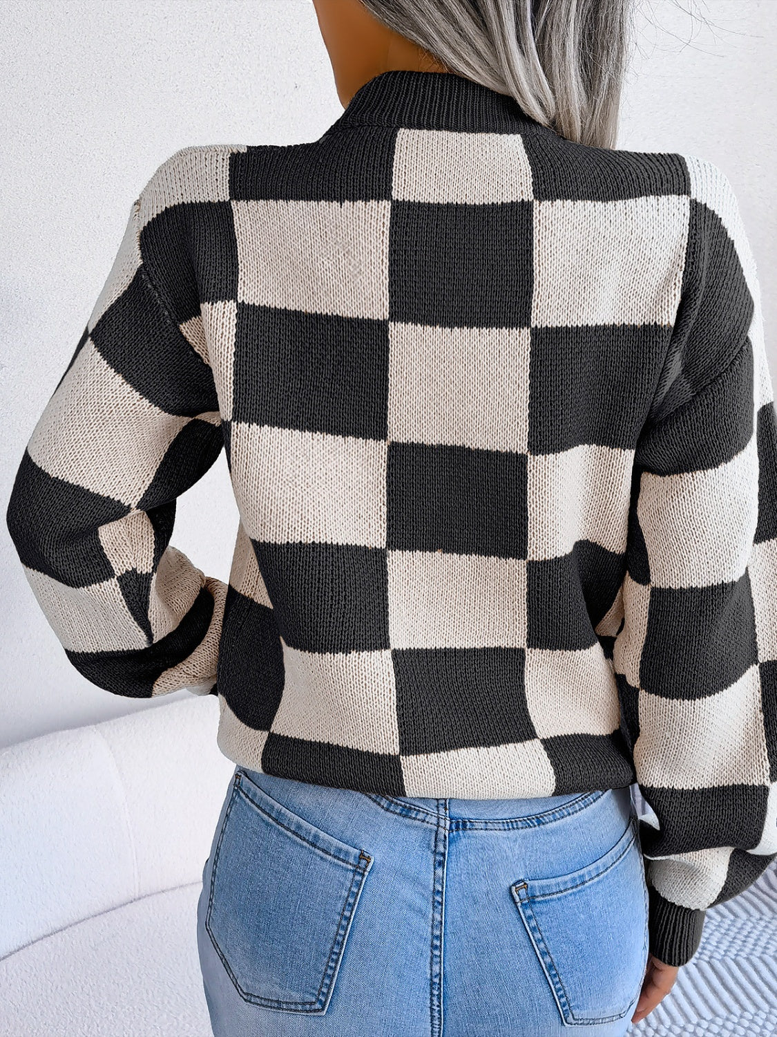 Womens Checkered Mock Neck Long Sleeve Sweater