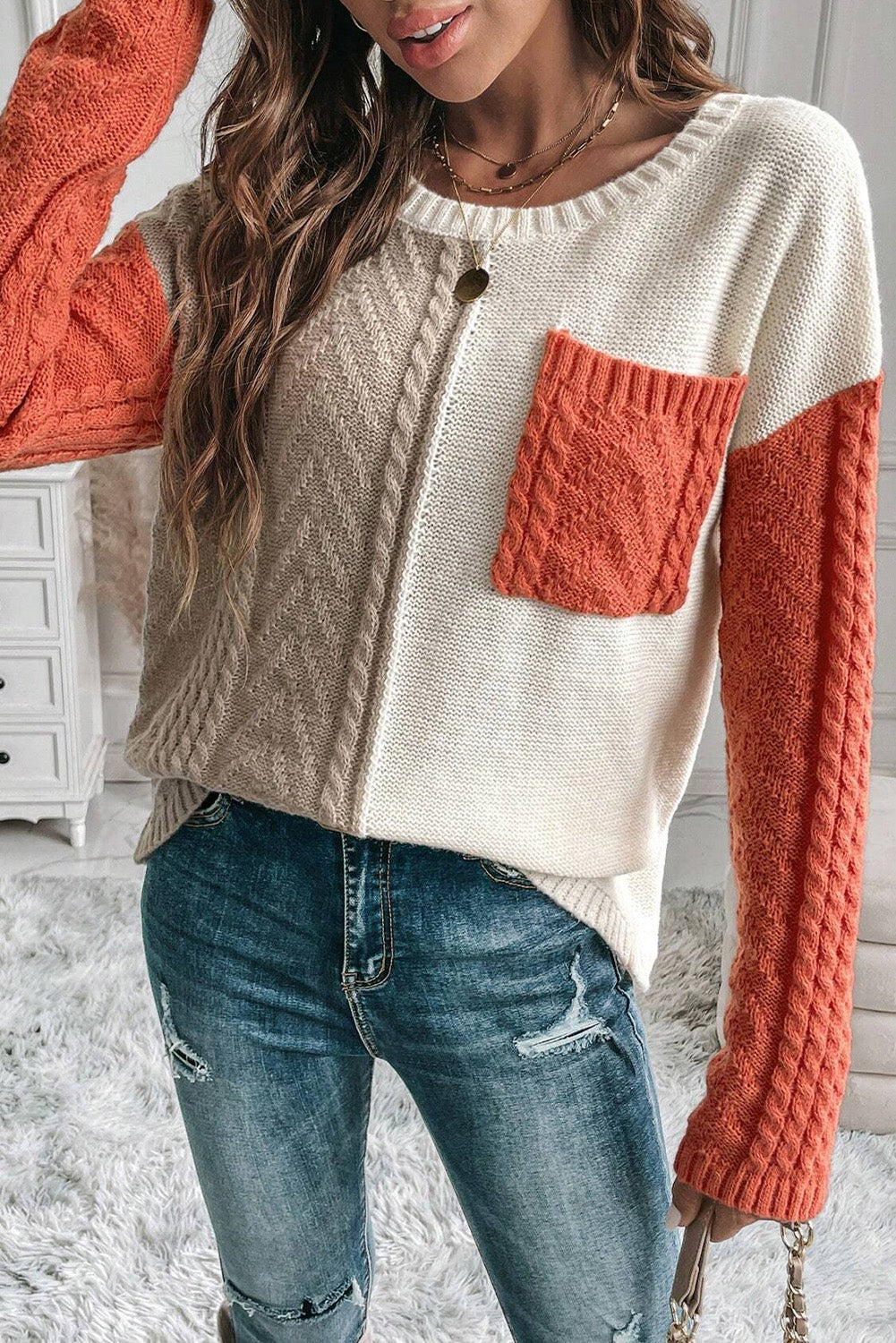 Womens Color Block Round Neck Long Sleeve Sweater