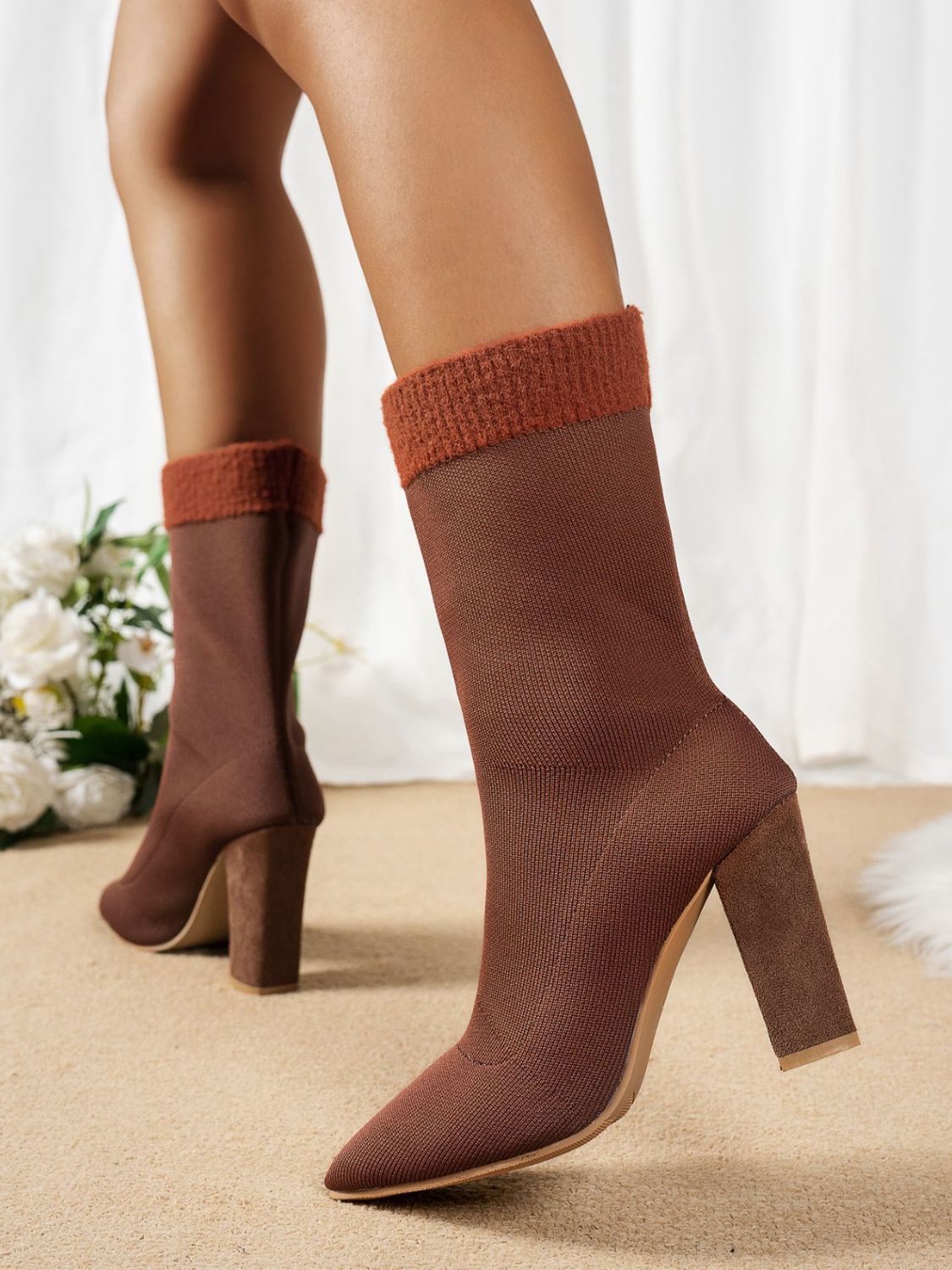 Womens Mesh Point Toe Block Heel Boots