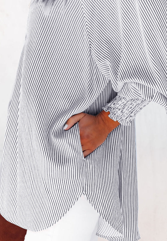 Womens Striped Collared Lantern Sleeve Shirt