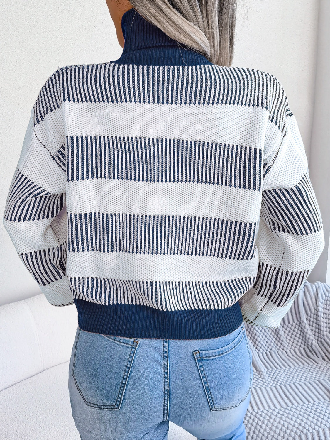 Womens Striped Turtleneck Long Sleeve Sweater