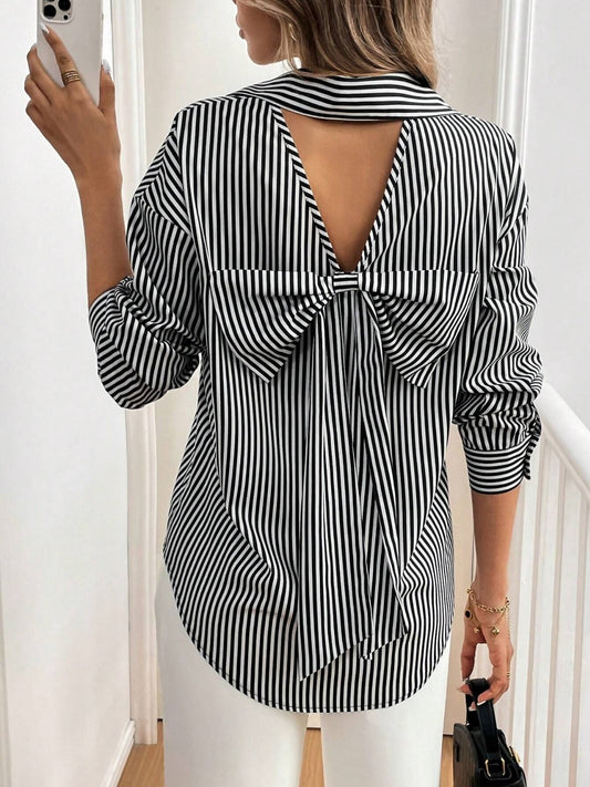 Womens Open Back Bow Striped Long Sleeve Shirt