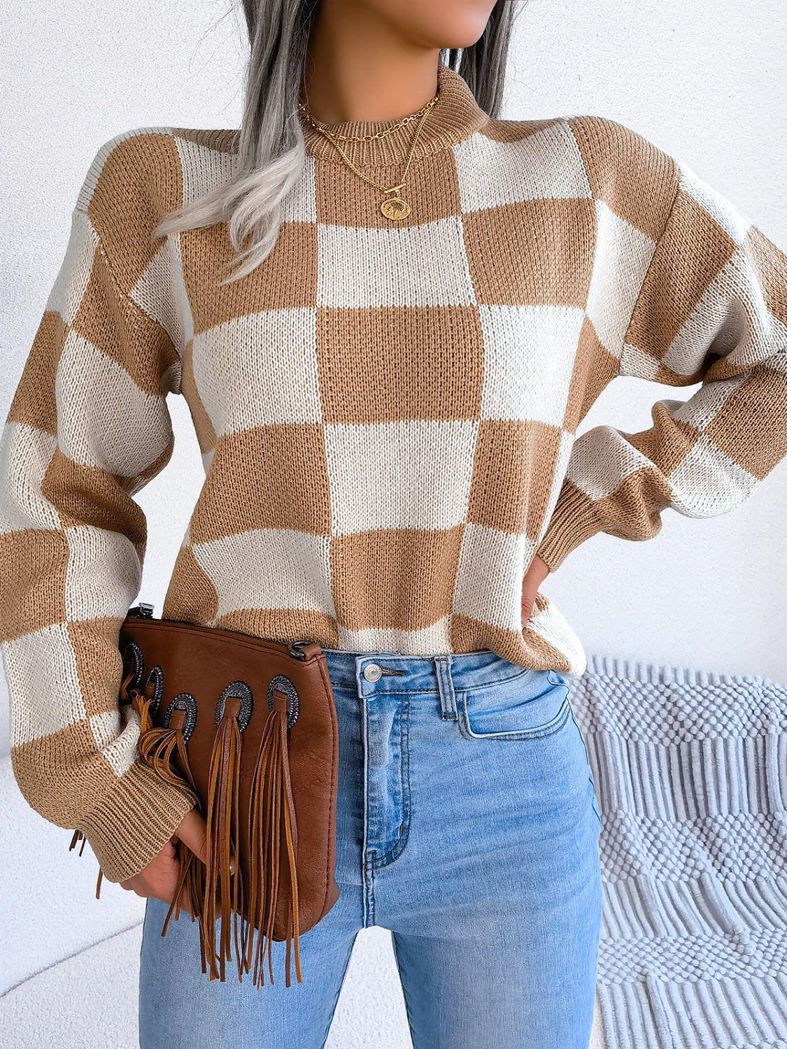 Womens Checkered Mock Neck Long Sleeve Sweater