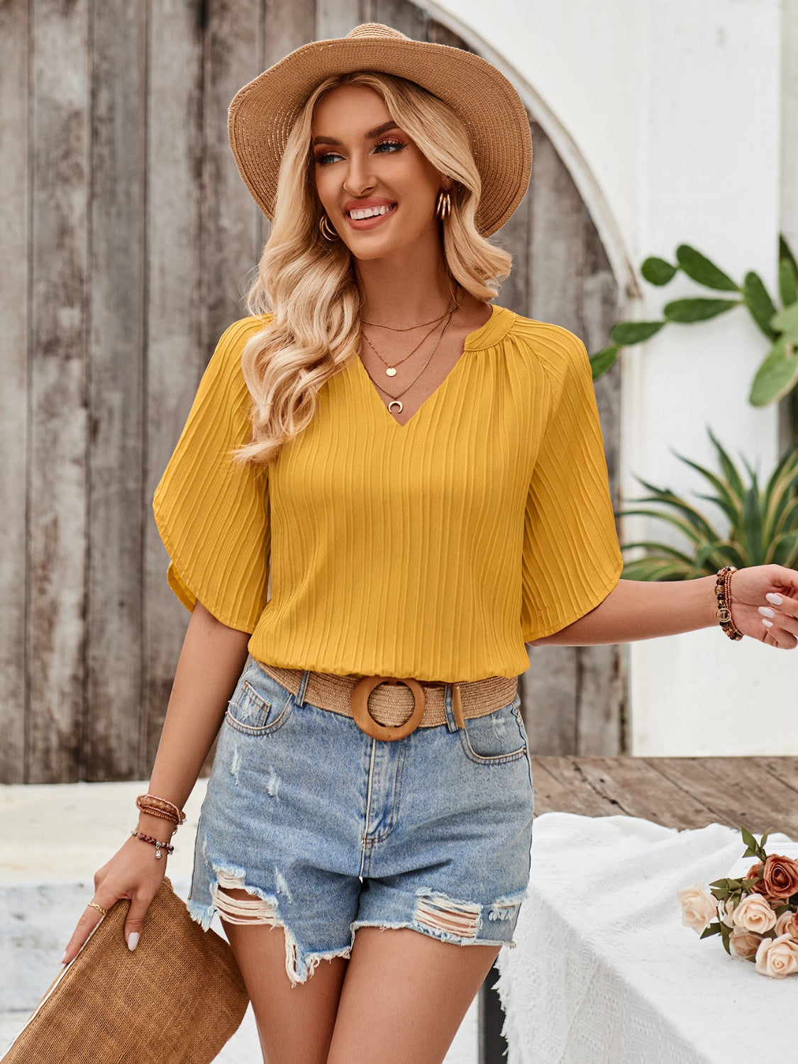 Women's Notched Half Sleeve Blouse