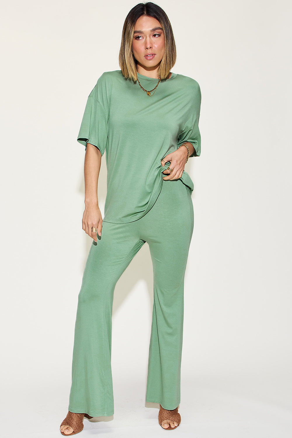 Womens Drop Shoulder T-Shirt and Flare Pants Set