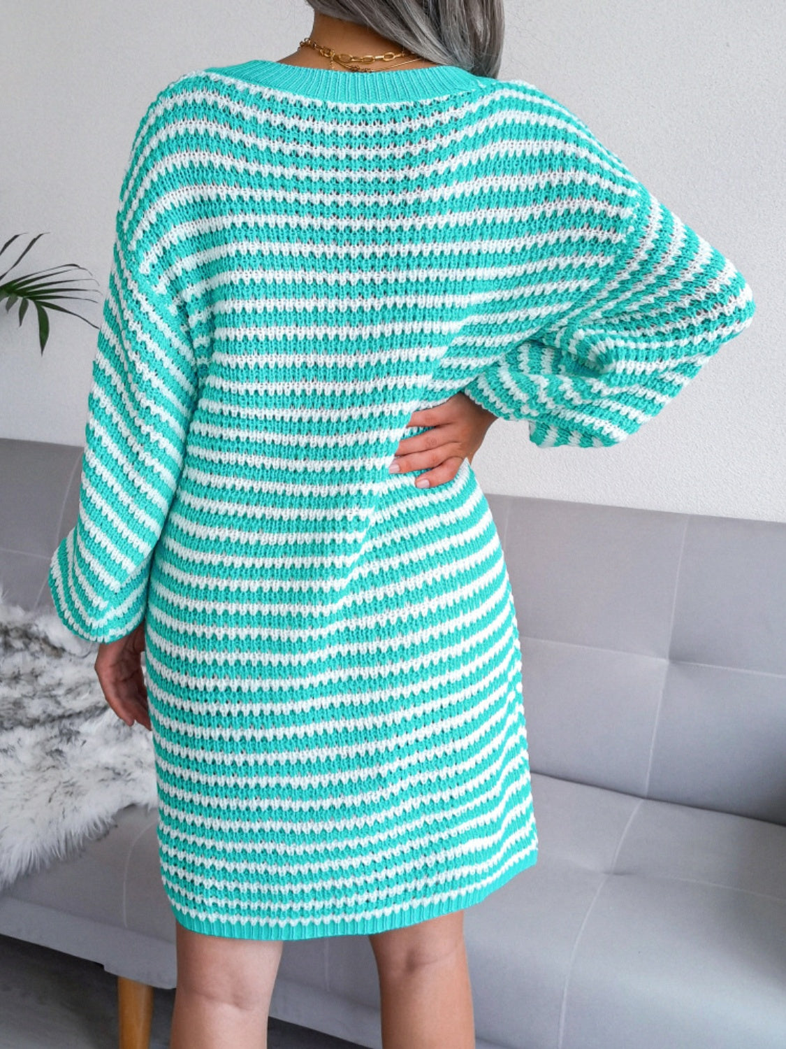 Womens Striped V-Neck Long Sleeve Mini Sweater Dress