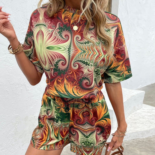 Tropic Printed Round Neck Dropped Shoulder Half Sleeve Top and Shorts Set