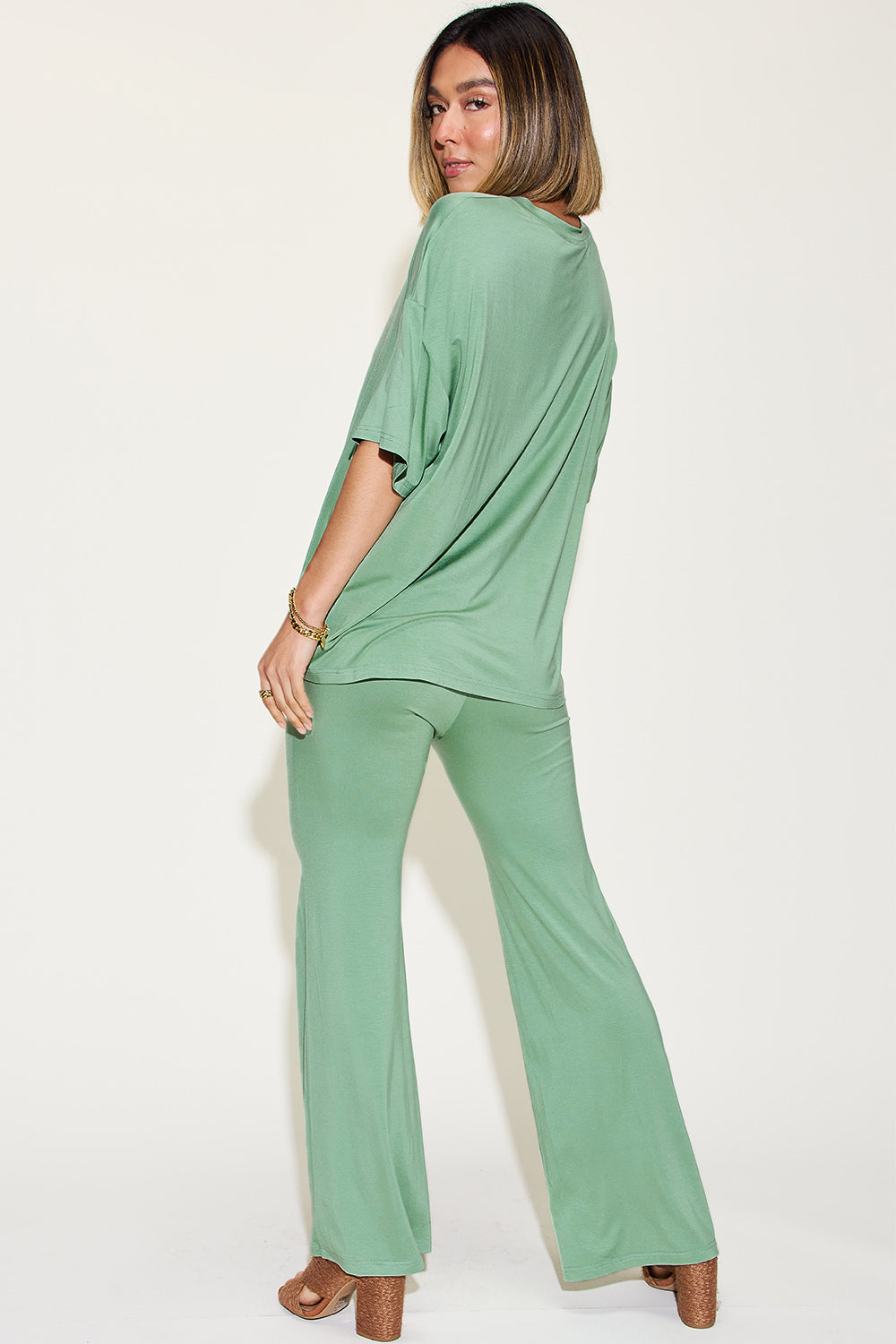 Womens Drop Shoulder T-Shirt and Flare Pants Set