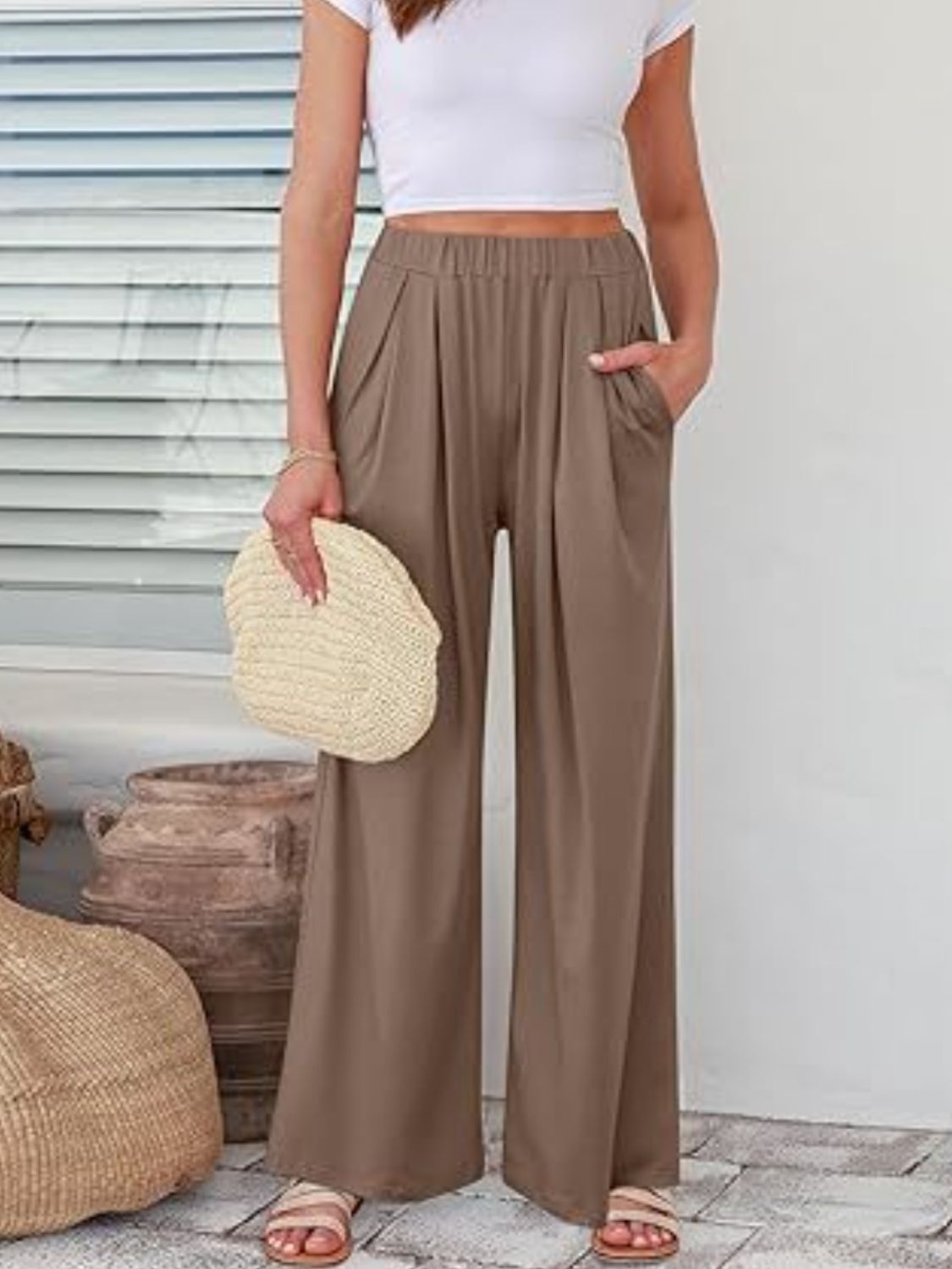 Womens Elastic Waist Wide Leg Pants