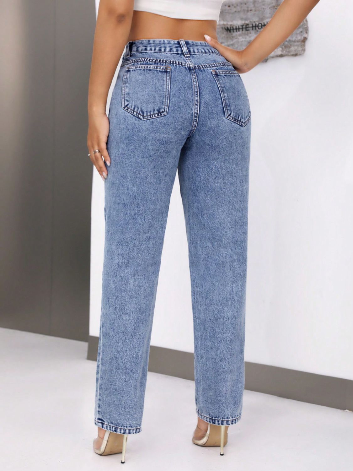 Denim Mid-Rise Waist Jeans with Pockets