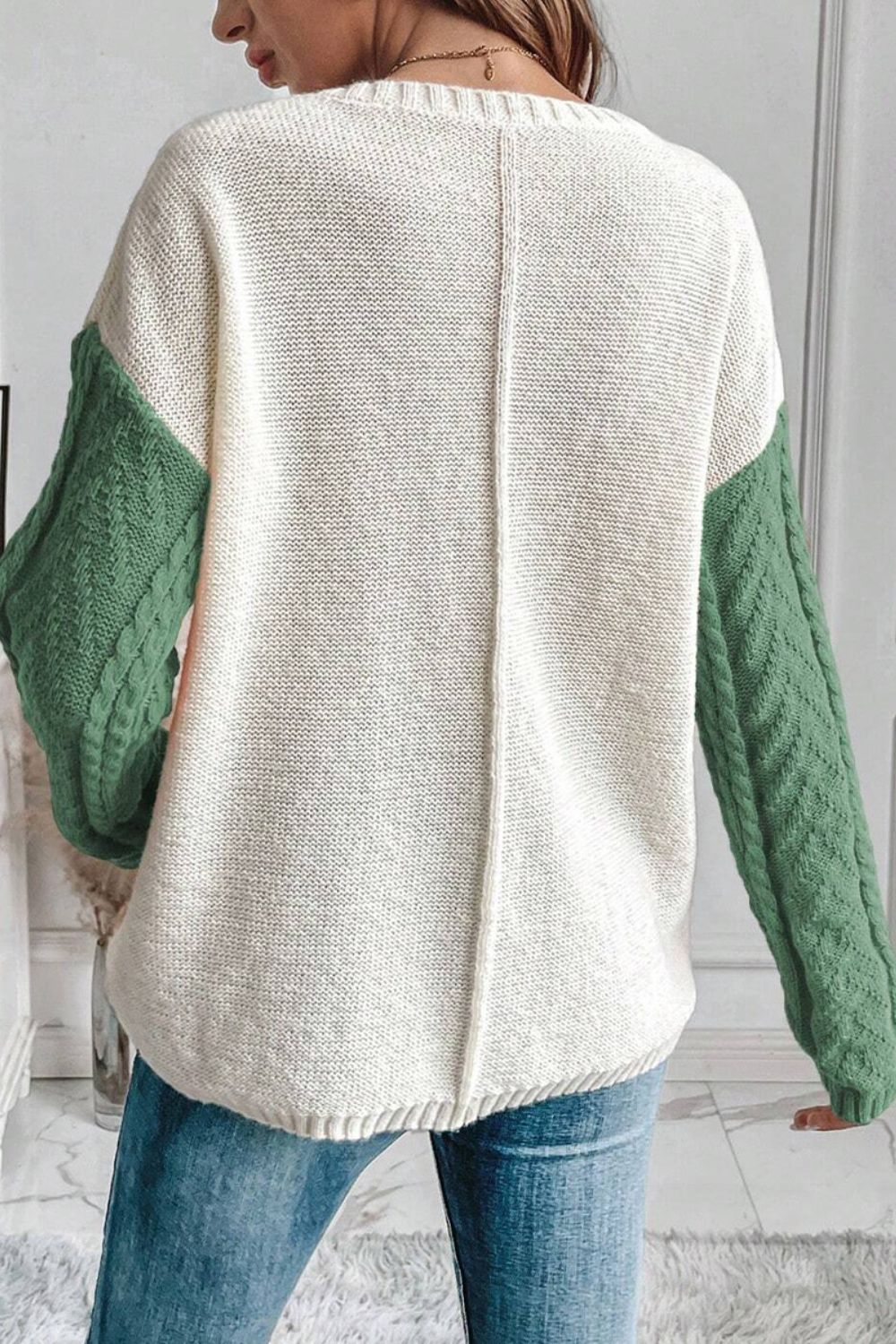 Womens Color Block Round Neck Long Sleeve Sweater