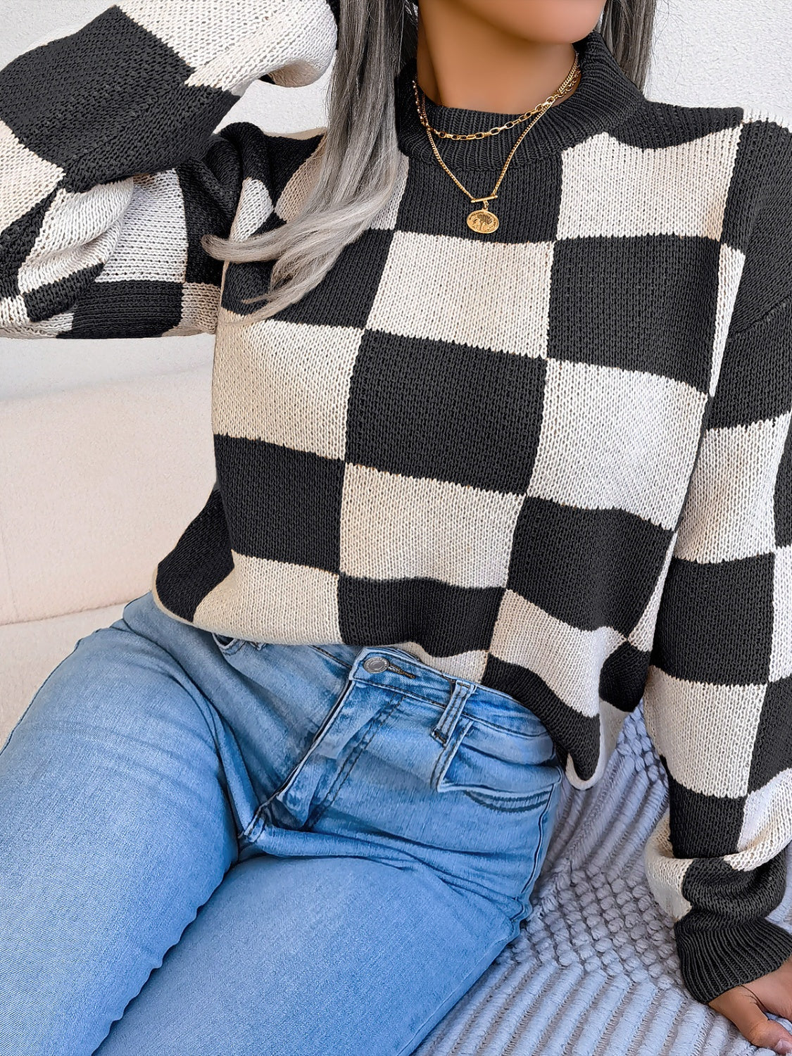 Womens Checkered Mock Neck Long Sleeve Sweater