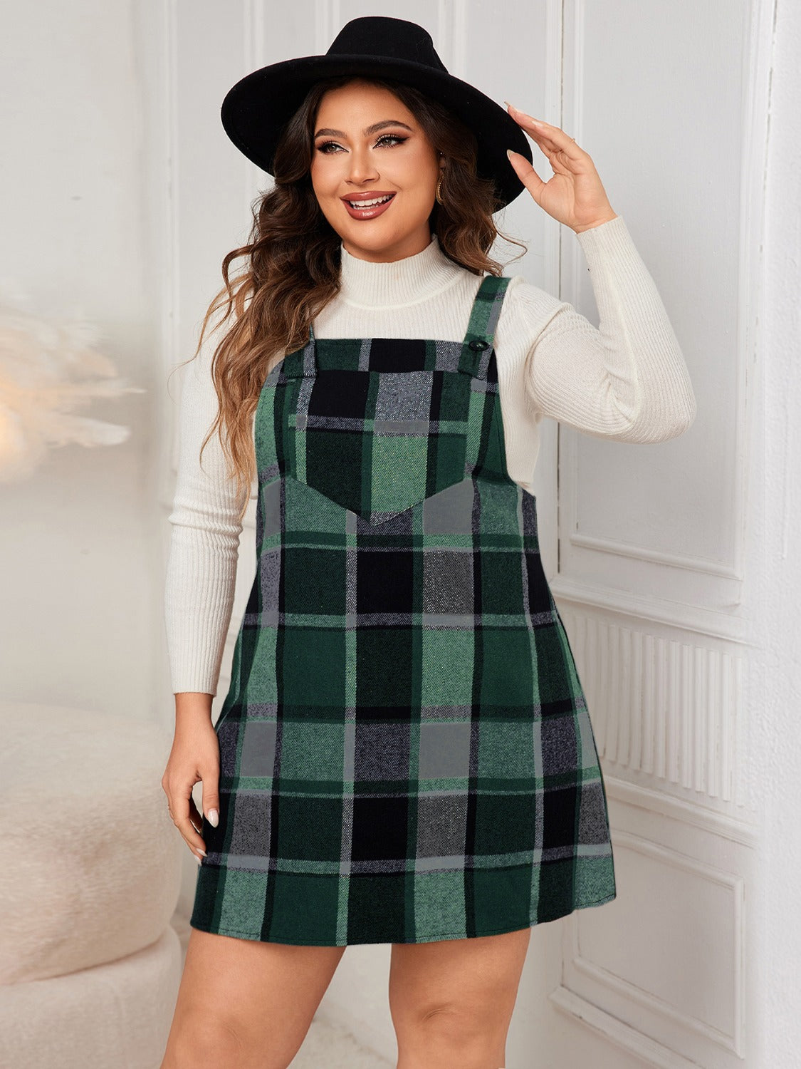 Womens Plaid Wide Strap Overall Dress