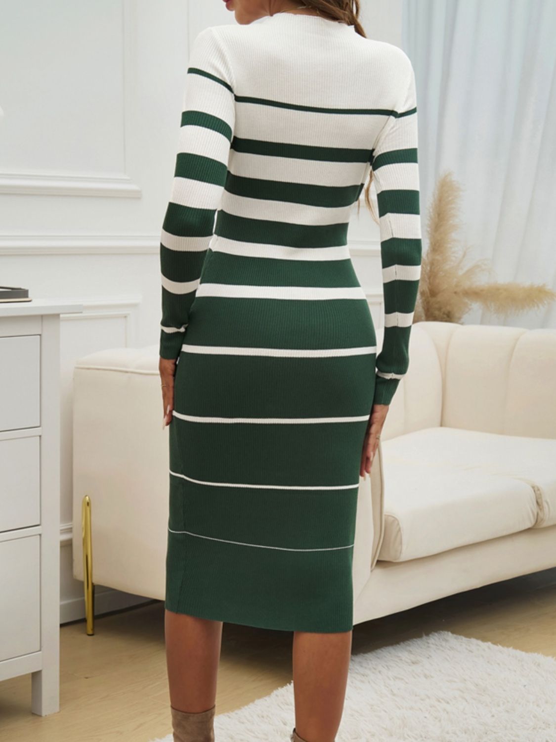 Womens Color Block Round Neck Long Sleeve Midi Dress