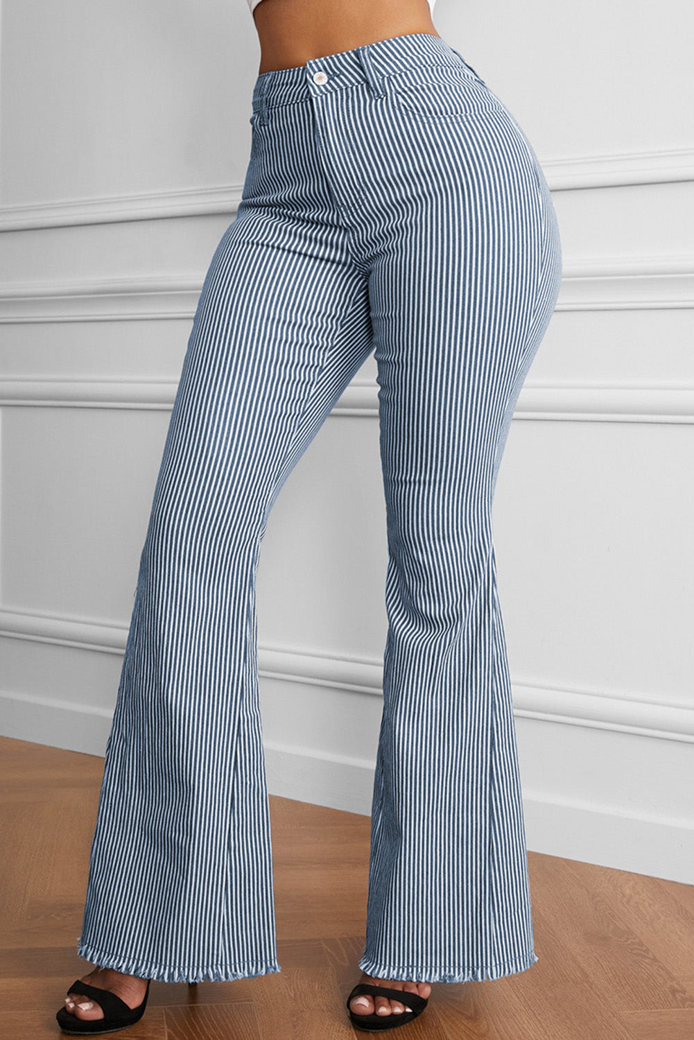 Misty Blue Striped Fringe Detail Flare Pants