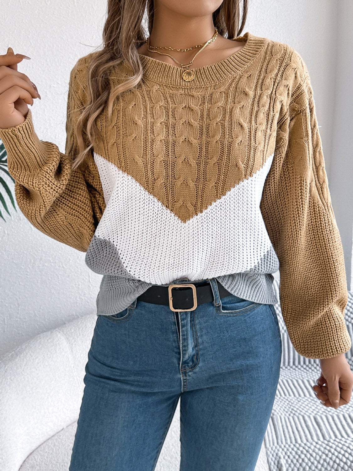 Womens Cable-Knit Color Block Sweater