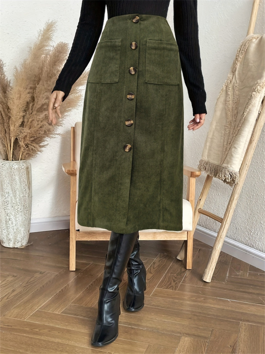 Womens Long Army Green Waist Skirt