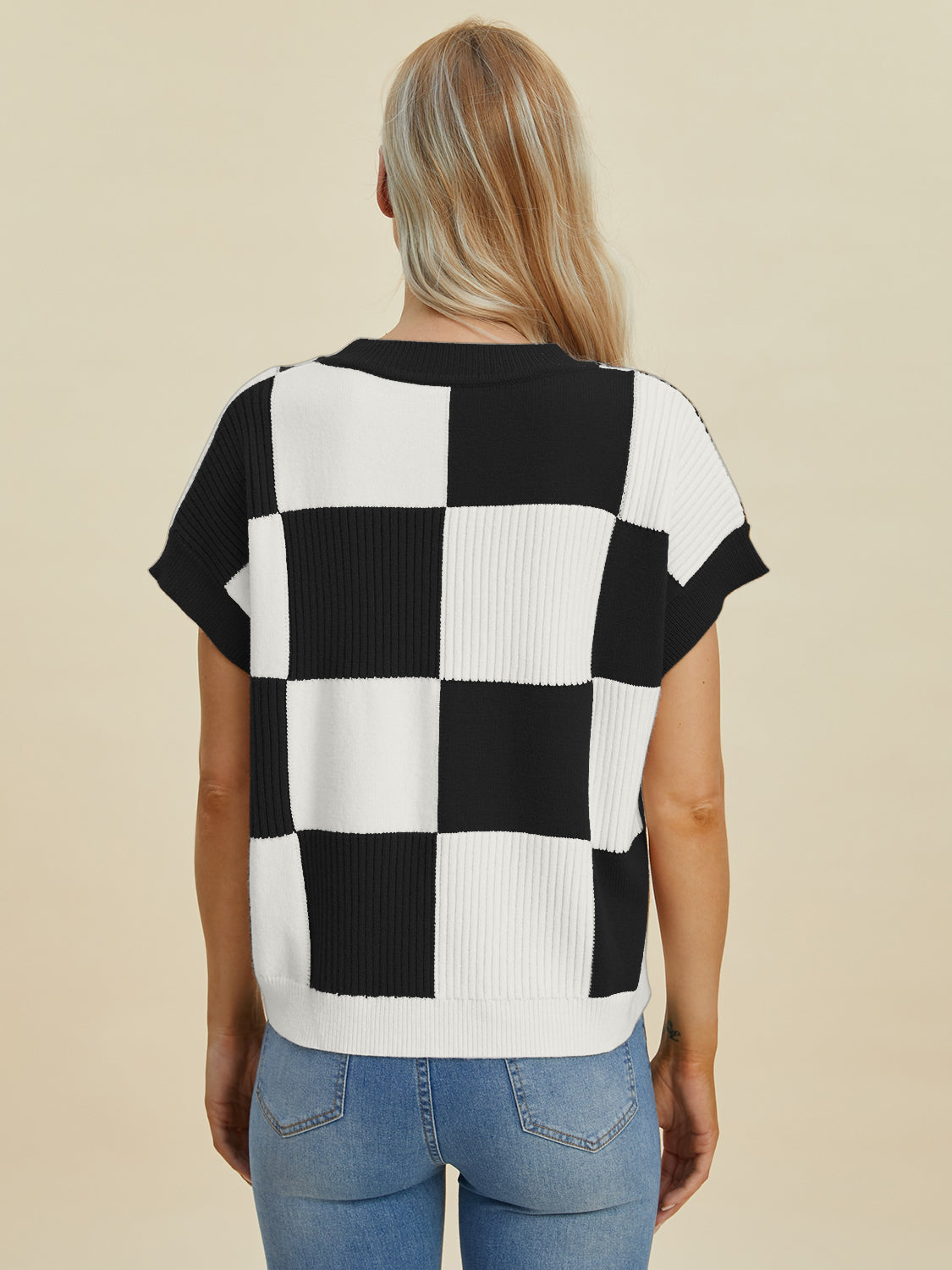 Womens Double Take Checkered Short Sleeve Sweater