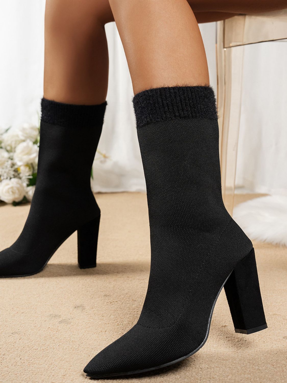 Womens Mesh Point Toe Block Heel Boots