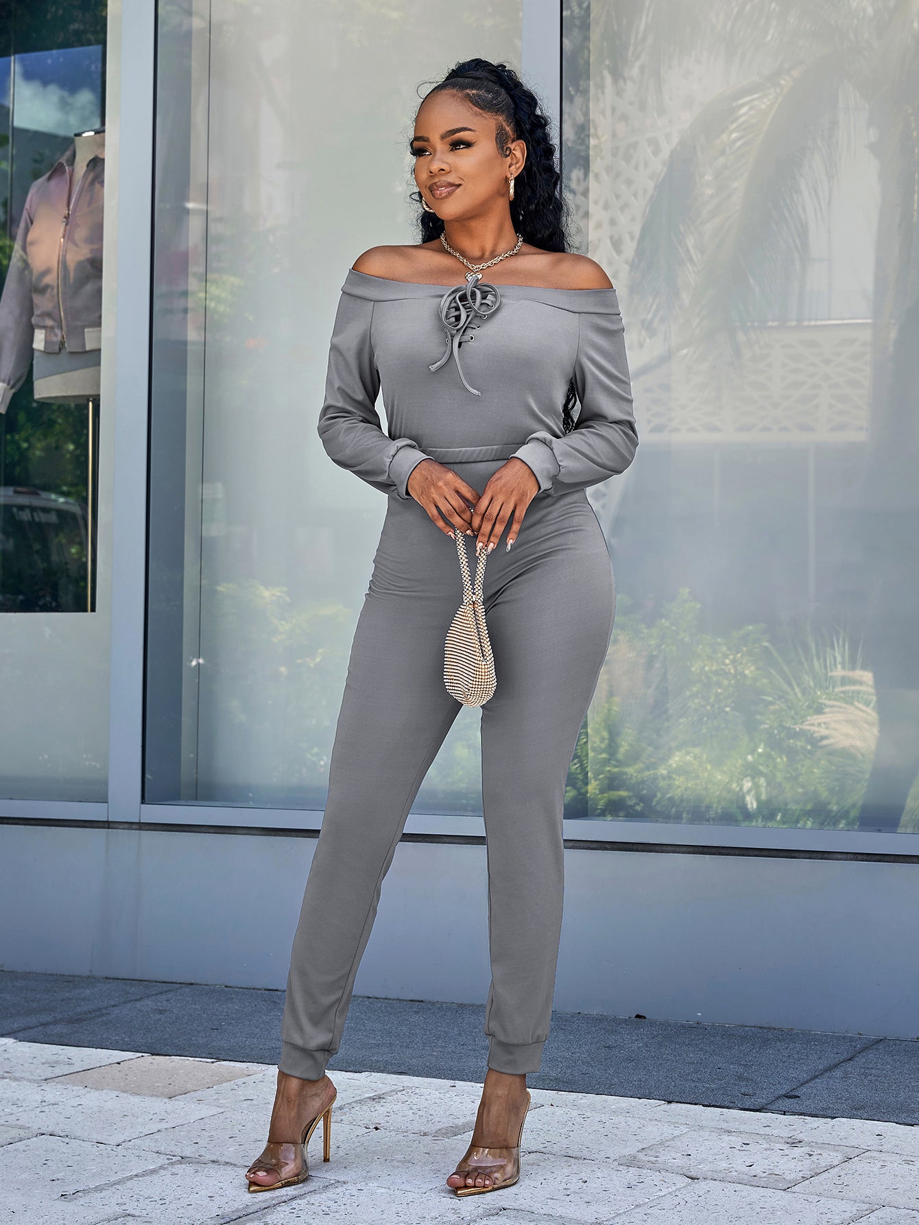 Luxe Lace-Up Off-Shoulder Long Sleeve Jumpsuit