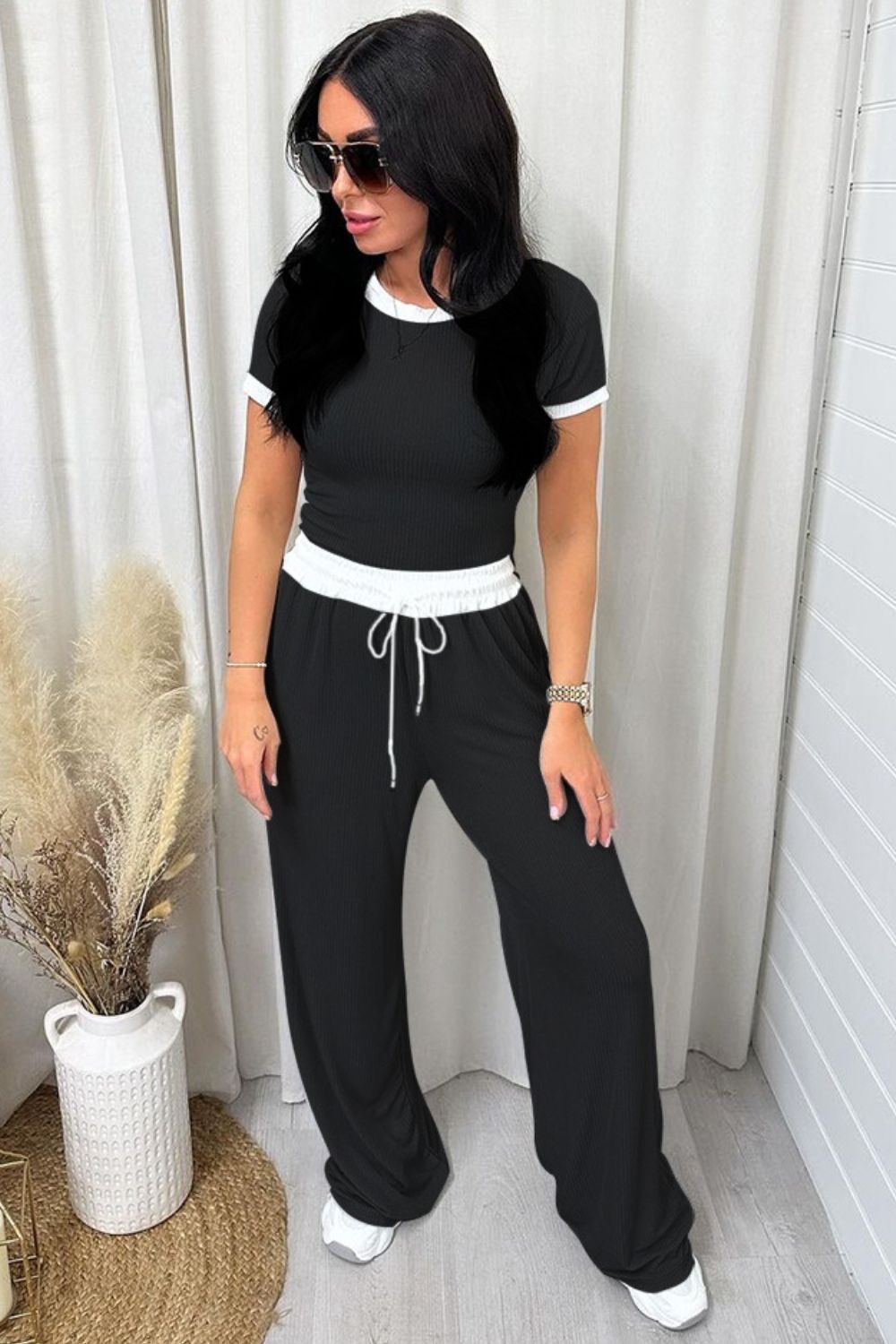Womens Contrast Trim Round Neck Top and Pants Set