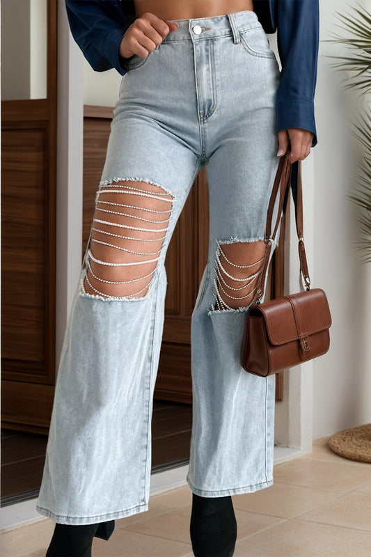 Distressed Beaded Chain Straight Jeans