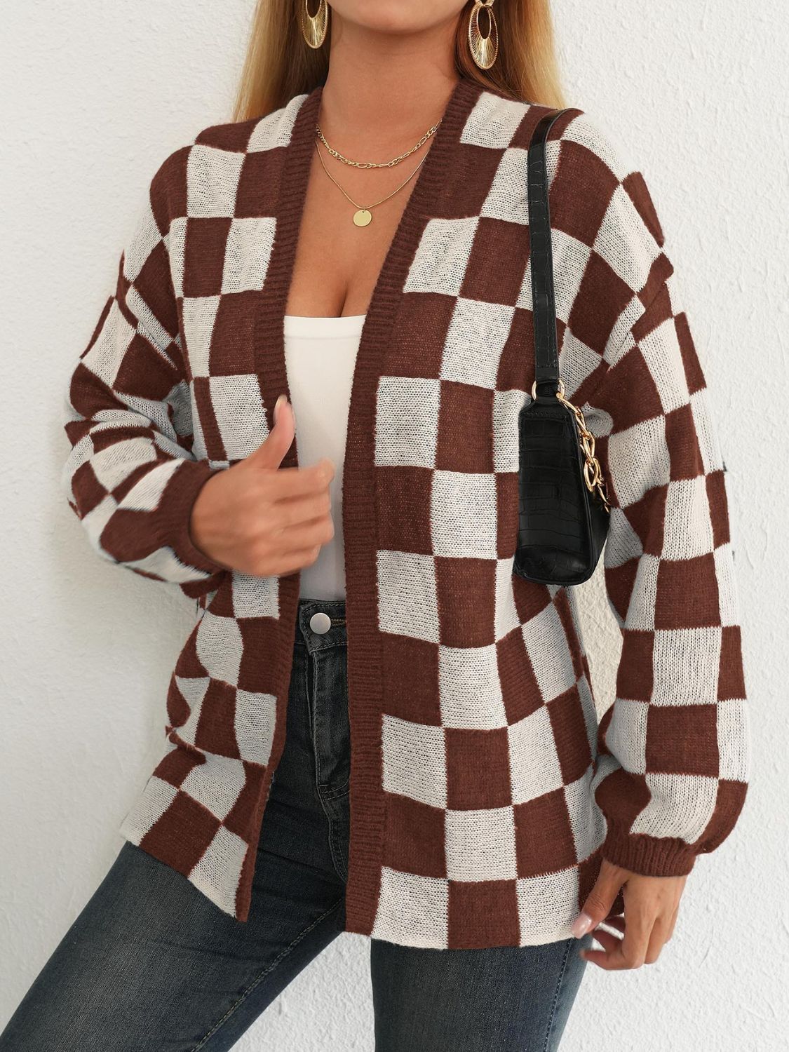 Womens Checkered Long Sleeve Cardigan