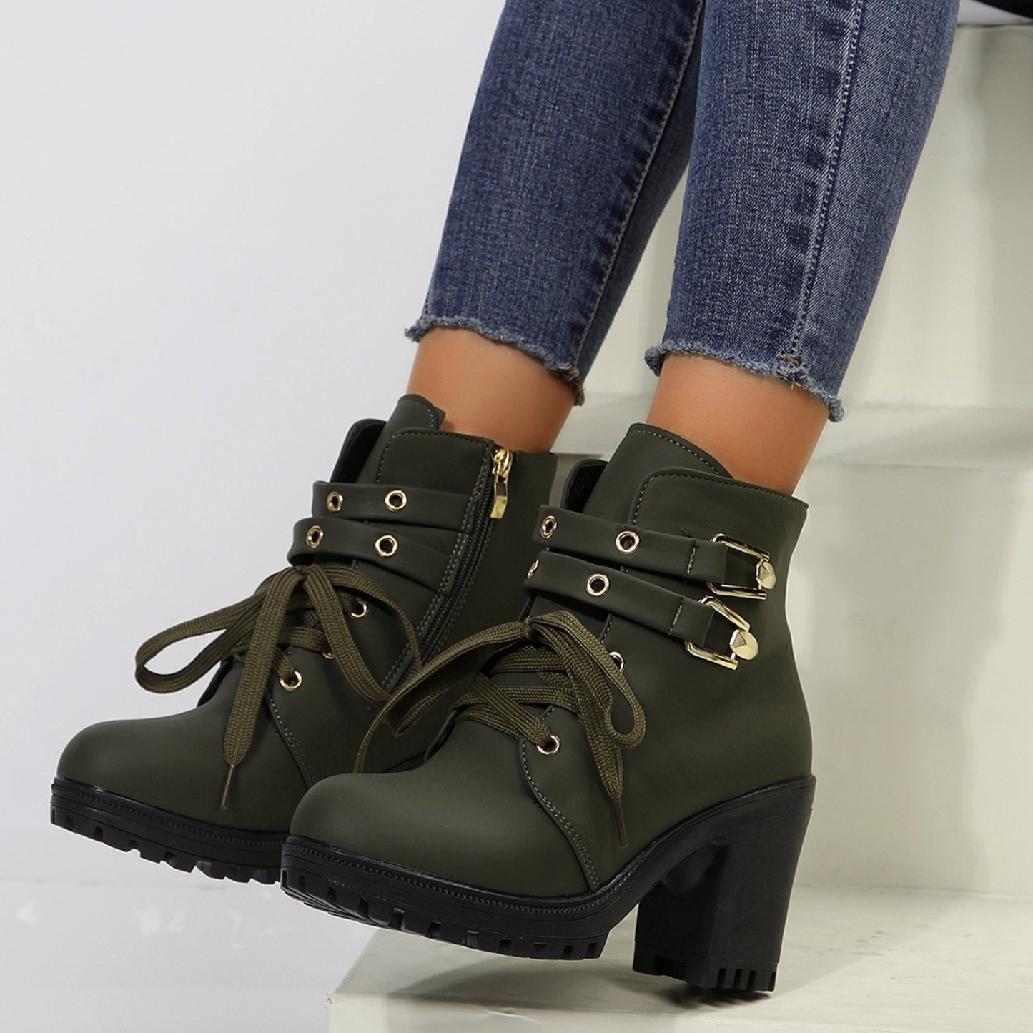 Womens Leather Block Heel Boots