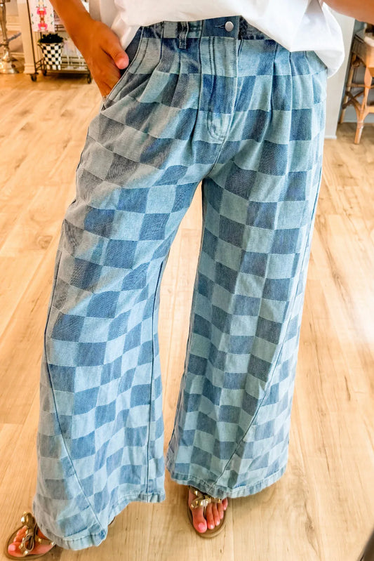 Womens Checkered Wide Leg Jeans with Pockets