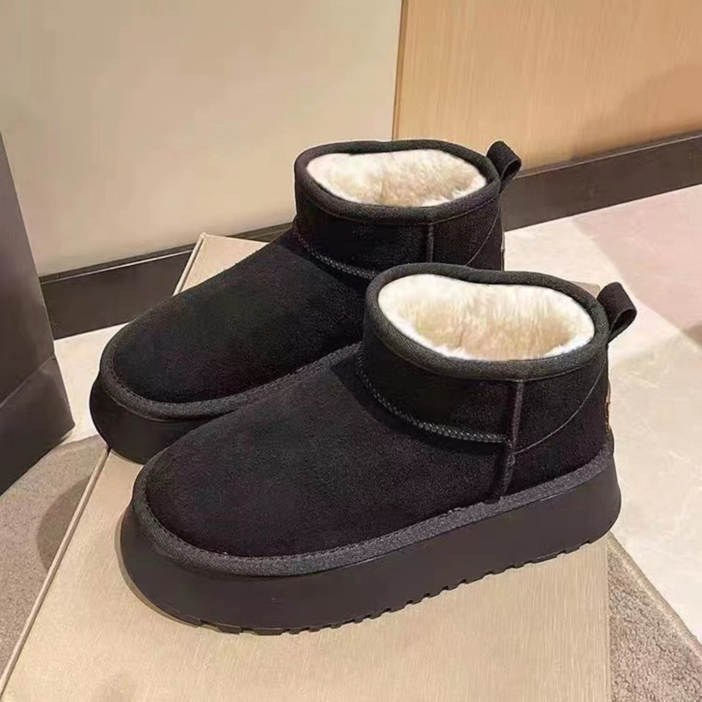 Womens Fleece Chunky Platform Mini Boots